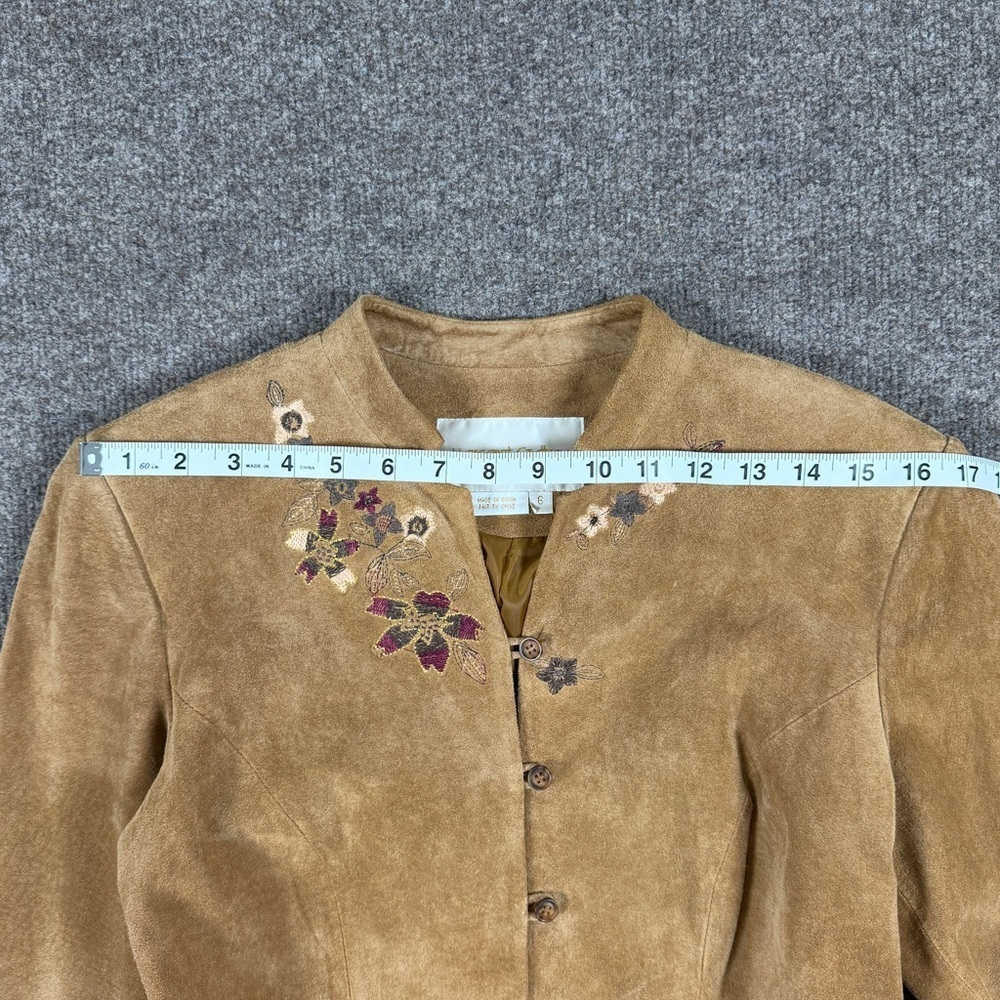 Margaret Godfrey Tan Suede Leather Coat Women’s 6 Embroidered Florals Mid Length - Picture 9 of 12